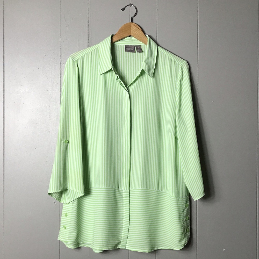 CHICO'S LIME GREEN STRIPED BUTTON DOWN TUNIC BLOUSE 3/4 SLEEVE WOMENS SIZE LARGE